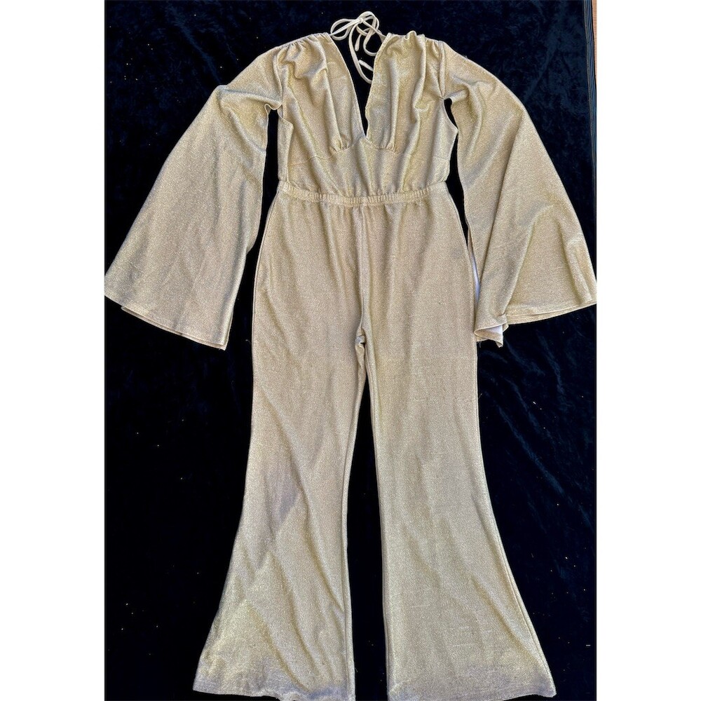 SHEIN Jumpsuit Womens Size 12 Gold Metallic Disco Plunge V-Neck Flare Leg